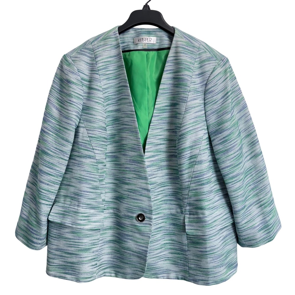 Kasper Womens 24W Green Blue Tweed Blazer Single Button Lined Jacket Plus Size